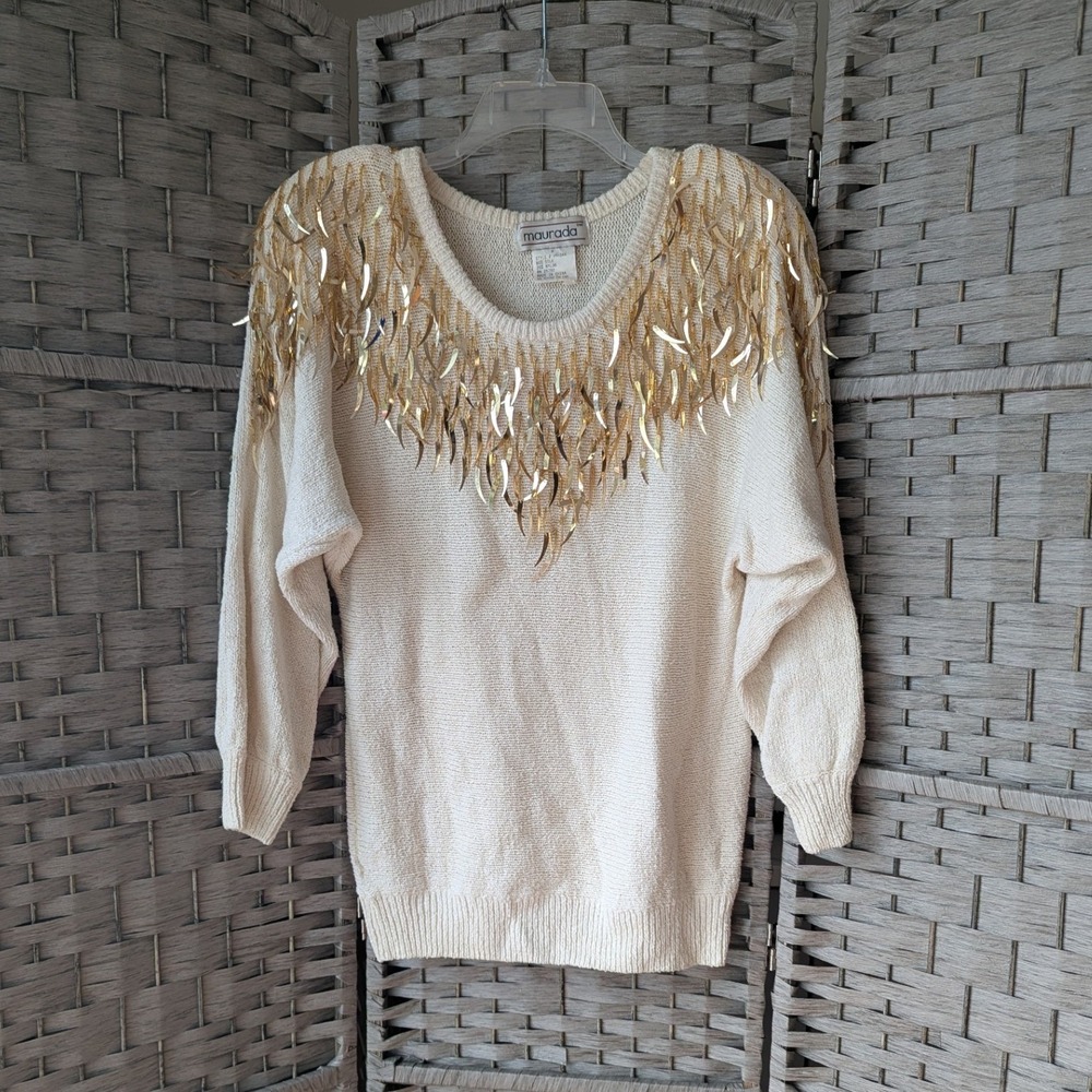 Vtg Silk Blend Cream Gold Embellished 80s Statement Sweater Metallic Fringe‎ Med